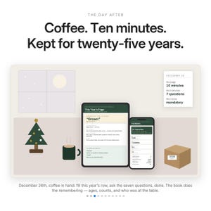 Puede incluir: Una interfaz digital con el texto 'The Day After. Coffee. Ten minutes. Kept for twenty-five years.' que muestra una tableta y un tel&eacute;fono con 'This Year's Page' y 'The Mantel' con 41 recuerdos, un &aacute;rbol de Navidad, una taza y una caja.