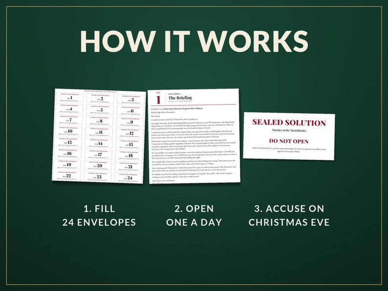 Murder Mystery Advent Calendar Printable, 24 Day Christmas Detective Game for Adults and Teens, Murder at the Marchbanks, Cozy Whodunit bild 2