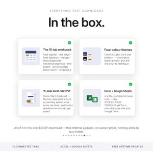 Puede incluir: Una descripci&oacute;n general de producto digital titulada In the box. Enumera cuatro componentes: un libro de trabajo de 15 pesta&ntilde;as, cuatro temas de color, una gu&iacute;a de inicio r&aacute;pido en PDF de 15 p&aacute;ginas y compatibilidad con Excel y Google Sheets.