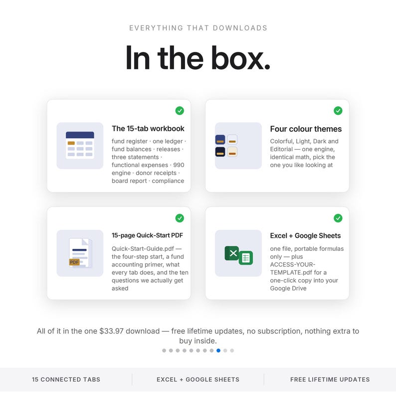 Puede incluir: Una descripci&oacute;n general de producto digital titulada In the box. Enumera cuatro componentes: un libro de trabajo de 15 pesta&ntilde;as, cuatro temas de color, una gu&iacute;a de inicio r&aacute;pido en PDF de 15 p&aacute;ginas y compatibilidad con Excel y Google Sheets.