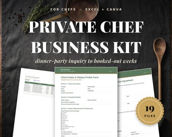 Privatkoch Business Kit | Buch Dinner Partys und wöchentliche Mahlzeit Kunden | Aufnahme, Menükarten, Preise & Vertragsformen | Excel PDF Canva