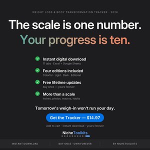 May include: A digital weight loss and body transformation tracker for 2026. The black background features white text stating, The scale is one number. Your progress is ten. It lists features like instant download, four editions, and lifetime updates.