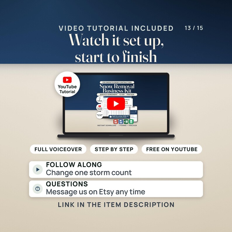 A free narrated video tutorial on YouTube walks through the kit step by step, starting with changing one storm count. The link is in the item description.