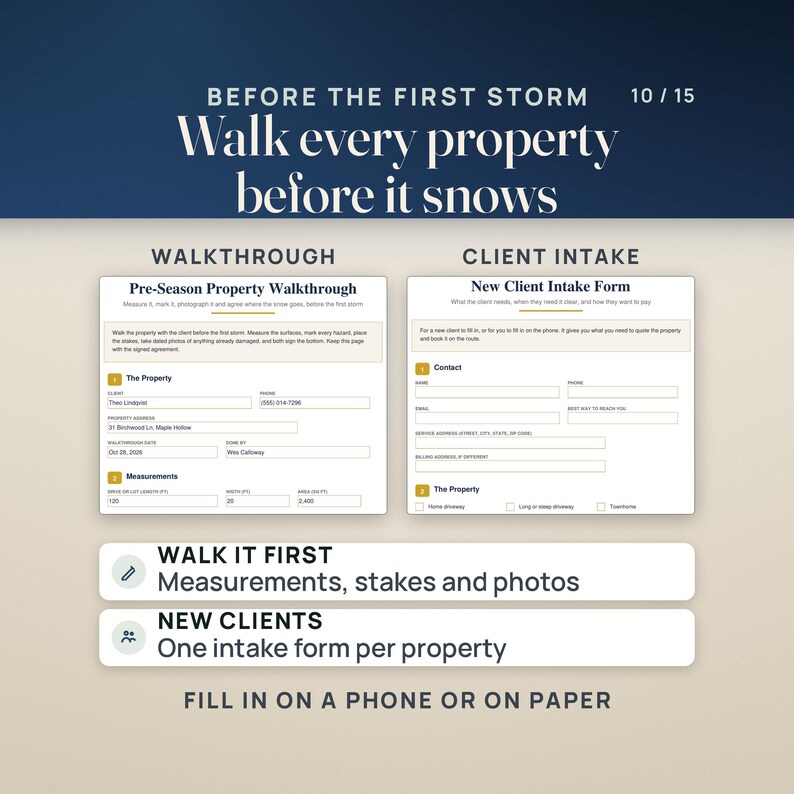 The pre-season property walkthrough with measurements, stakes and photos, and the new client intake form, one per property, to fill in on a phone or on paper.