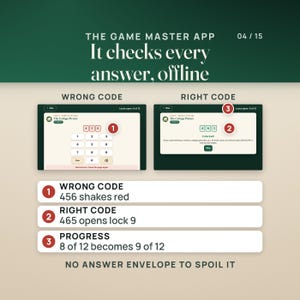 The Game Master app checks every answer offline. On Junior lock 9, The Cottage Picture, the wrong code 456 shakes red and the right code 465 unlocks it, and Locks open goes from 8 of 12 to 9 of 12.
