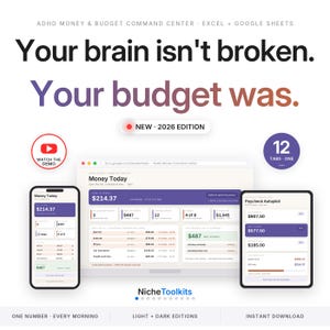ADHD Budget Spreadsheet Money Command Center for Excel and Google Sheets | Safe to Spend Paycheck Budget Impulse Tracker | Light Dark Mode image 1