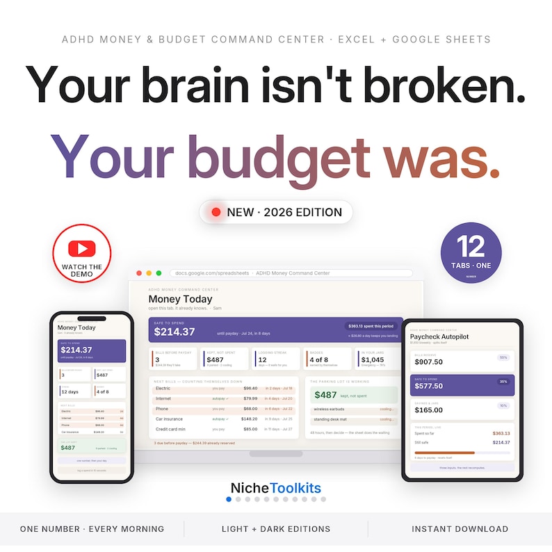 ADHD Budget Spreadsheet Money Command Center for Excel and Google Sheets | Safe to Spend Paycheck Budget Impulse Tracker | Light Dark Mode image 1