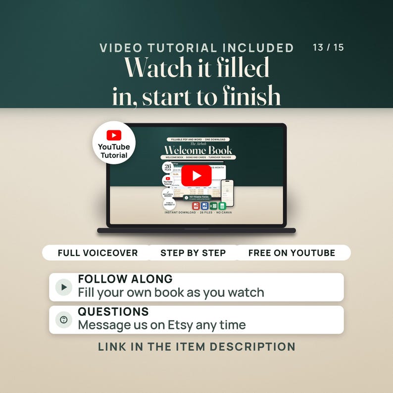 Puede incluir: Una pantalla de port&aacute;til muestra un tutorial en v&iacute;deo para una plantilla de Welcome Book. El texto dice: VIDEO TUTORIAL INCLUDED, Watch it filled in, start to finish, FULL VOICEOVER, STEP BY STEP, FREE ON YOUTUBE, FOLLOW ALONG, QUESTIONS, Message us on Etsy any time.
