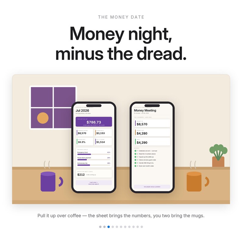 May include: A digital graphic titled The Money Date featuring the text Money night, minus the dread. Two smartphones display financial tracking interfaces with charts and lists. Below, the text reads Pull it up over coffee &mdash; the sheet brings the numbers, you two bring the mugs.