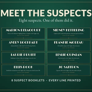K&ouml;nnte beinhalten: Ein dunkelgr&uuml;nes Spielbrett mit dem Titel MEET THE SUSPECTS und dem Untertitel Eight suspects. One of them did it. Es listet acht Namen auf: Marion Delacourt, Sidney Kettering, Avery Lockhart, Frankie Moreau, Laurie Pruitt, Leslie Quinlan, Ellis Rook und Jo Saffron, mit 8 SUSPECT BOOKLETS EVERY LINE PRINTED am unteren Rand.