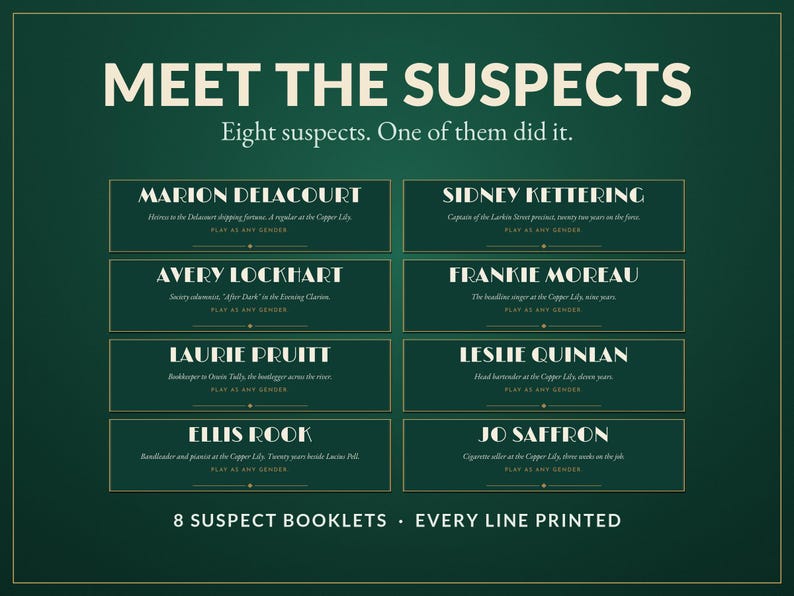 K&ouml;nnte beinhalten: Ein dunkelgr&uuml;nes Spielbrett mit dem Titel MEET THE SUSPECTS und dem Untertitel Eight suspects. One of them did it. Es listet acht Namen auf: Marion Delacourt, Sidney Kettering, Avery Lockhart, Frankie Moreau, Laurie Pruitt, Leslie Quinlan, Ellis Rook und Jo Saffron, mit 8 SUSPECT BOOKLETS EVERY LINE PRINTED am unteren Rand.
