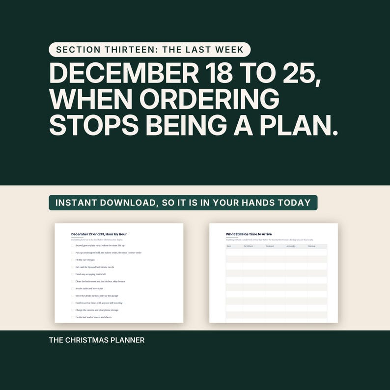 Section thirteen, the last week, headlined December 18 to 25, when ordering stops being a plan. A banner reads instant download, so it is in your hands today. The two pages below sort what still has time from what has to be bought locally or printed at home tonight.