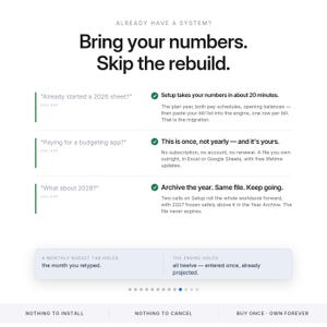 Może przedstawiać: Cyfrowy interfejs z tekstem: ALREADY HAVE A SYSTEM? Bring your numbers. Skip the rebuild. Zawiera trzy sekcje FAQ z zielonymi znacznikami wyboru dotyczące czasu konfiguracji, własności bez subskrypcji oraz archiwizacji danych.