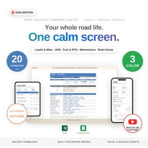 ADHD trucker planner spreadsheet dashboard shown on laptop and phone in Excel and Google Sheets, a truck driver command center tracking loads, HOS hours of service, fuel and IFTA, maintenance and a daily brain dump for owner operators