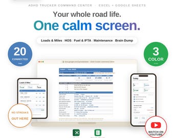 ADHD-planner voor vrachtwagenchauffeurs, spreadsheet, levenscommandocentrum voor vrachtwagenchauffeurs, Excel, Google Sheets, ladingen, rijtijden, brandstoftracker, brainstormsessie, gewoonte-organizer