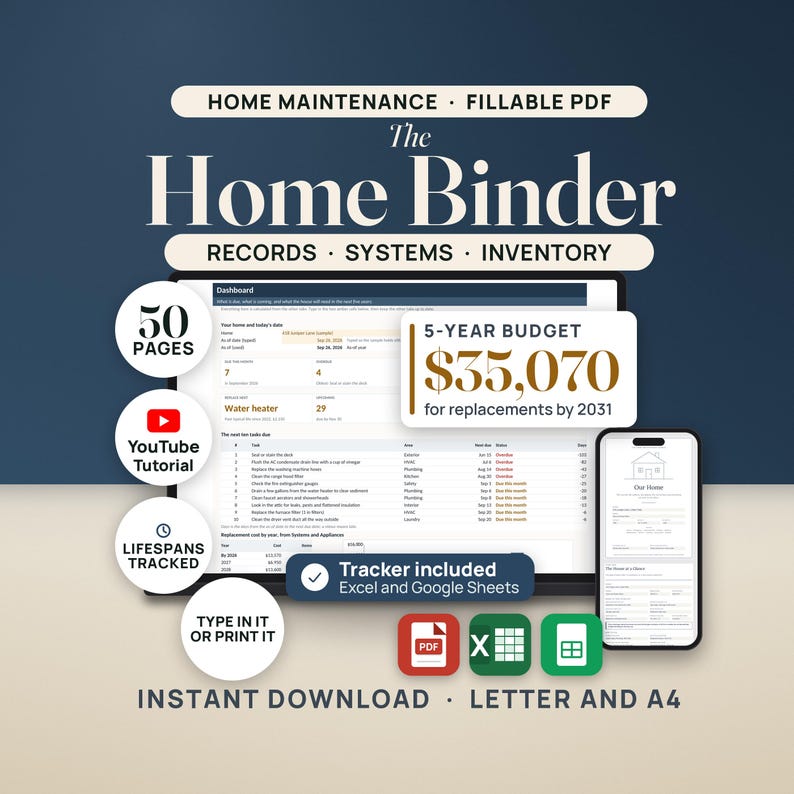 The Home Binder, a fillable PDF home maintenance binder with a tracker workbook. A laptop shows the tracker Dashboard: 7 tasks due this month, 4 overdue, replace next the water heater, 29 upcoming, and the next ten tasks. A callout reads 5-year budget $35,070 for replacements by 2031. A phone shows the filled binder cover. Seals read 50 pages, YouTube tutorial, lifespans tracked, and type in it or print it. PDF, Excel and Google Sheets icons.