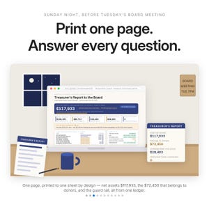 Puede incluir: Un gr&aacute;fico digital que muestra una pantalla de computadora con una hoja de c&aacute;lculo Treasurer's Report to the Board, una taza azul, un bol&iacute;grafo y un informe impreso. El texto dice: Print one page. Answer every question. Sunday night, before Tuesday's board meeting.