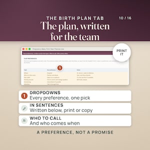 May include: A digital birth plan template titled The Birth Plan Tab, The plan, written for the team. It features a table with dropdown menus for preferences like hospital, pain relief, and monitoring, plus sections for sentences and who to call.