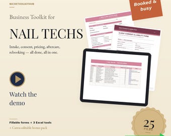 Pacchetto di moduli per onicotecniche / Kit aziendale per salone di bellezza con calcolatore prezzi, moduli di anamnesi e prenotazione clienti / PDF, Excel e Canva compilabili