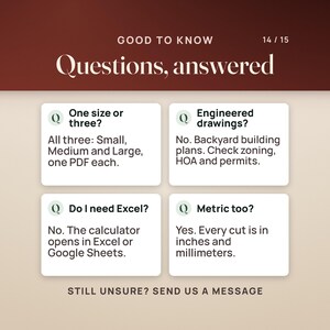 Four questions answered. One size or three: all three, Small, Medium and Large, one PDF each. Engineered drawings: no, these are backyard building plans, check zoning, HOA and permits. Do I need Excel: no, the calculator opens in Excel or Google Sheets. Metric too: yes, every cut is in inches and millimeters.