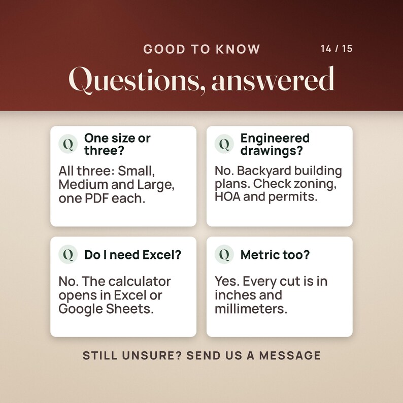 Four questions answered. One size or three: all three, Small, Medium and Large, one PDF each. Engineered drawings: no, these are backyard building plans, check zoning, HOA and permits. Do I need Excel: no, the calculator opens in Excel or Google Sheets. Metric too: yes, every cut is in inches and millimeters.