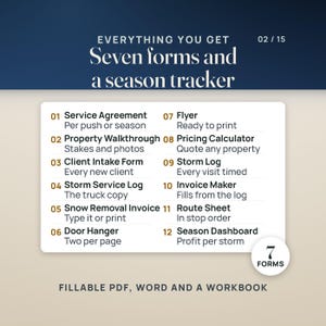 Everything in the kit: the service agreement, property walkthrough, client intake form, storm service log, invoice, door hanger and flyer, plus the season tracker. 7 fillable forms in PDF and Word and a workbook.