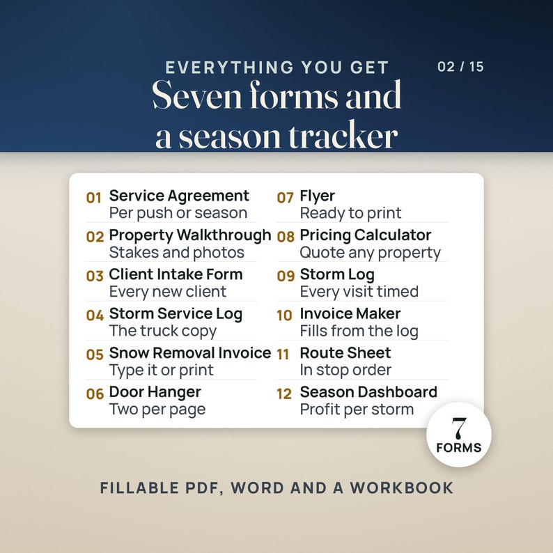 Everything in the kit: the service agreement, property walkthrough, client intake form, storm service log, invoice, door hanger and flyer, plus the season tracker. 7 fillable forms in PDF and Word and a workbook.