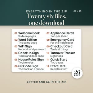 Puede incluir: Una lista de archivos digitales titulada Everything in the Zip, Twenty six files, one download. Muestra una lista numerada del 01 al 12 que detalla elementos como Welcome Book, WiFi Sign y Turnover Tracker, con una insignia de 26 files y una nota de Letter and A4.