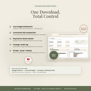 May include: A digital renovation budget and project planner displayed on a laptop screen. The interface features a dashboard with financial data, charts, and tabs for tracking contractor bids, payments, and change orders in Excel and Google Sheets.