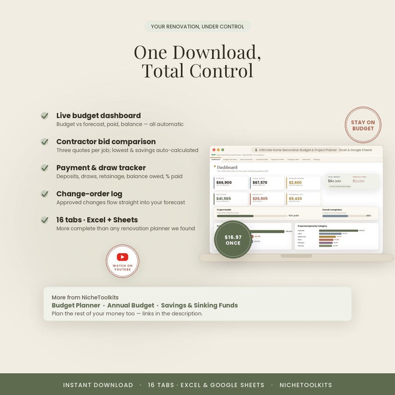 May include: A digital renovation budget and project planner displayed on a laptop screen. The interface features a dashboard with financial data, charts, and tabs for tracking contractor bids, payments, and change orders in Excel and Google Sheets.