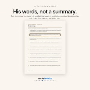 Może przedstawiać: Wydrukowany dokument zatytułowany In Their Own Words Chapter One Beginnings, zawierający numerowaną listę dziesięciu zdań. Tekst zawiera nagł&oacute;wek His words, not a summary oraz wyr&oacute;żnione zdanie dotyczące piekarni o czwartej nad ranem.