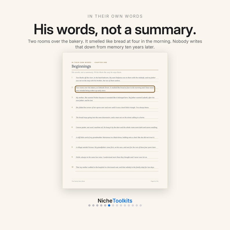 Może przedstawiać: Wydrukowany dokument zatytułowany In Their Own Words Chapter One Beginnings, zawierający numerowaną listę dziesięciu zdań. Tekst zawiera nagł&oacute;wek His words, not a summary oraz wyr&oacute;żnione zdanie dotyczące piekarni o czwartej nad ranem.