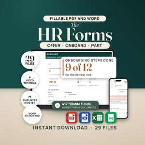 May include: A digital HR forms bundle featuring 29 fillable PDF and Word files. The display shows a dashboard with onboarding steps, employee roster data, and 417 fillable fields. Includes icons for PDF, Word, Excel, and mobile access for instant download.