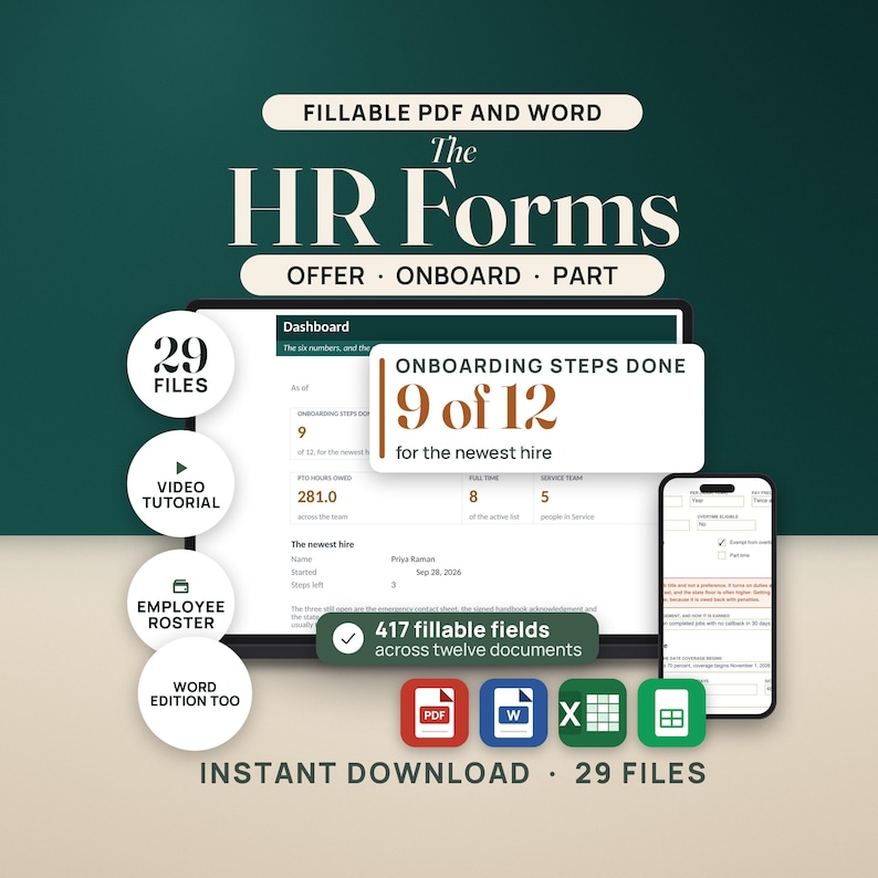 May include: A digital HR forms bundle featuring 29 fillable PDF and Word files. The display shows a dashboard with onboarding steps, employee roster data, and 417 fillable fields. Includes icons for PDF, Word, Excel, and mobile access for instant download.