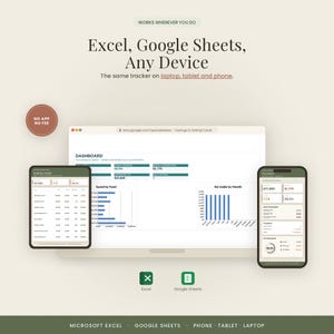 Może przedstawiać: Cyfrowy tracker finansowy wyświetlany na laptopie, tablecie i smartfonie. Interfejs zawiera pulpit nawigacyjny z wykresami, tabelami i danymi dotyczącymi oszczędności. Tekst zawiera "Works wherever you do", "Excel, Google Sheets, Any Device" oraz "No app no fee".