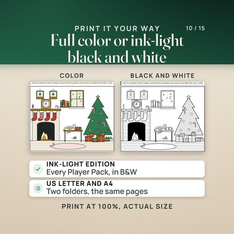 Print it your way: the Junior Cottage Picture page in full color and in the ink-light black and white edition. Every Player Pack comes in both, in US Letter and A4. Print at 100%, actual size.