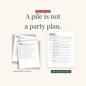 Comparison frame: scattered game sheets labeled twenty PDFs, zero plan, next to the Family Classic evening plan page labeled a 90-minute run of show.