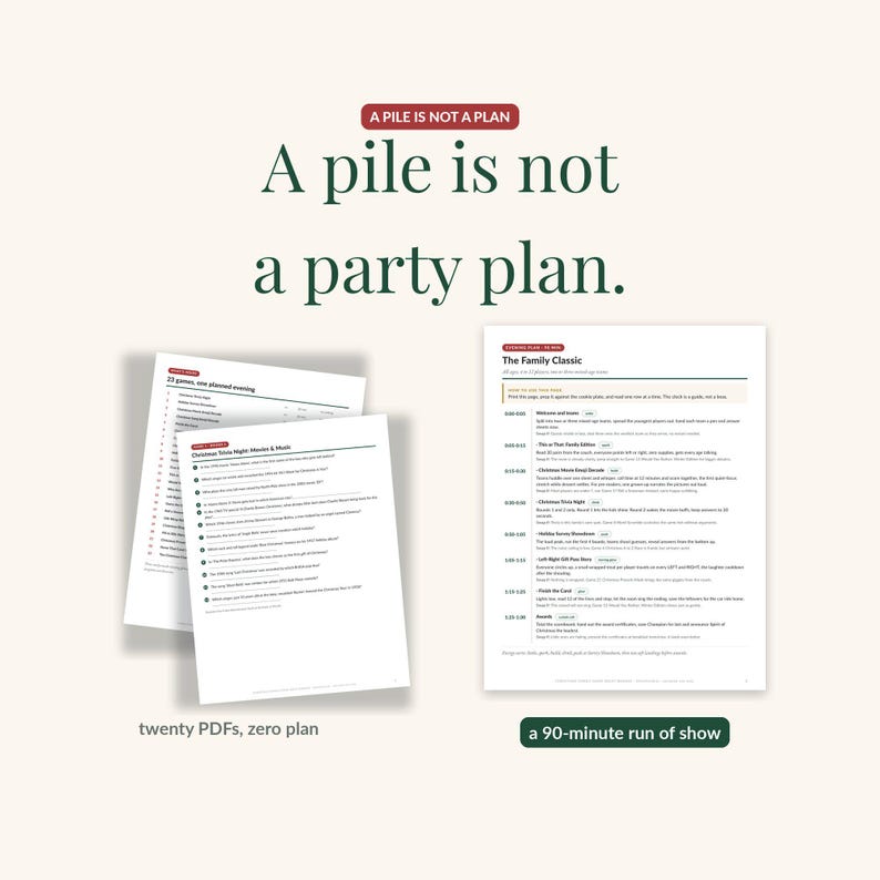 Comparison frame: scattered game sheets labeled twenty PDFs, zero plan, next to the Family Classic evening plan page labeled a 90-minute run of show.