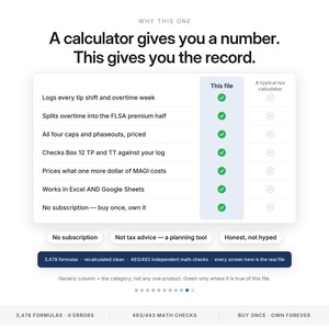 May include: A digital comparison chart titled Why This One, contrasting a tax file with a typical tax calculator. It lists features like logging tips, splitting overtime, and checking MAGI costs, with green checkmarks for the file and gray X marks.