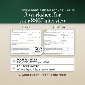 Page 2 of the Form 8867 due diligence worksheet, blank beside a copy filled for sample client C-131: questions A1 to A5 with yes, no and N/A boxes, the taxpayer's answers and a where I got this column. Rows name the four benefits covered, EIC, CTC, AOTC and head of household. A seal reads 302 fields. Caption: a worksheet, not the IRS form.