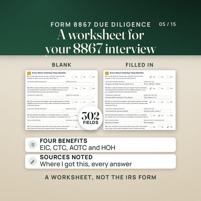 Page 2 of the Form 8867 due diligence worksheet, blank beside a copy filled for sample client C-131: questions A1 to A5 with yes, no and N/A boxes, the taxpayer's answers and a where I got this column. Rows name the four benefits covered, EIC, CTC, AOTC and head of household. A seal reads 302 fields. Caption: a worksheet, not the IRS form.
