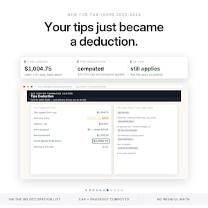 K&ouml;nnte beinhalten: Eine digitale Infografik mit dem Titel Your tips just became a deduction f&uuml;r die Steuerjahre 2025-2028. Sie zeigt eine Gig Driver Command Center Tabelle mit Spalten f&uuml;r protokollierte Trinkgelder, gesetzliche Obergrenzen und einen Abzug von 1.004,75 $.