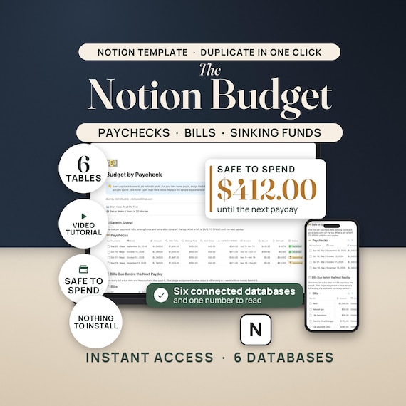 Notion Budget Template Budget by Paycheck Notion Finance Tracker Bill Tracker Sinking Funds Debt Payoff Safe to Spend Notion Money Planner