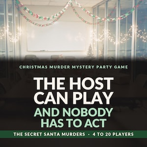 Op de afbeelding: Een kerstmoordmysterie-gezelschapsspel getiteld The Secret Santa Murders. De tekst luidt: Christmas Murder Mystery Party Game, The Host Can Play And Nobody Has To Act, The Secret Santa Murders, 4 to 20 players. De achtergrond toont een kamer.