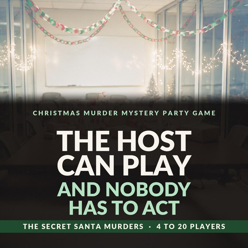 Op de afbeelding: Een kerstmoordmysterie-gezelschapsspel getiteld The Secret Santa Murders. De tekst luidt: Christmas Murder Mystery Party Game, The Host Can Play And Nobody Has To Act, The Secret Santa Murders, 4 to 20 players. De achtergrond toont een kamer.
