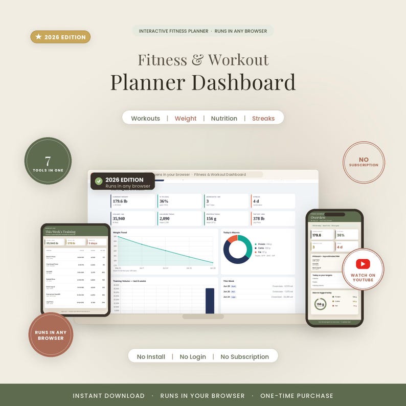 App per il monitoraggio degli allenamenti / Dashboard interattiva per il fitness, monitoraggio dei progressi in palestra, calcolo dei macronutrienti e della perdita di peso, registro dei record di forza, senza abbonamento immagine 1