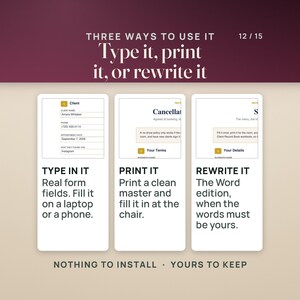 May include: A digital document template with three usage options: Type it, print it, or rewrite it. The graphic displays three vertical panels showing form fields for client information, cancellation policies, and business details on a dark background.