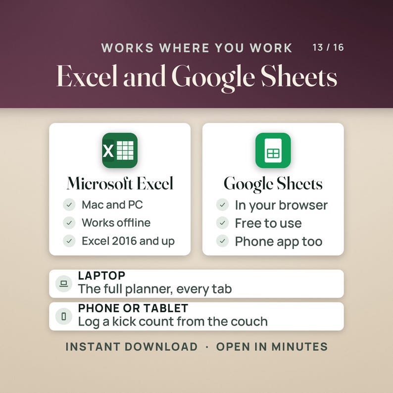 May include: An informational graphic titled Works Where You Work 13/16 Excel and Google Sheets. It lists features for Microsoft Excel including Mac and PC, works offline, and Excel 2016 and up, and Google Sheets including in your browser, free to use, and phone app too.