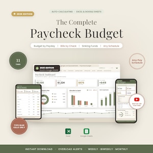 May include: A digital budget planner titled The Complete Paycheck Budget 2026 Edition for Excel and Google Sheets. The interface displays a dashboard with financial charts, tables, and data fields. Includes icons for Excel and Google Sheets.
