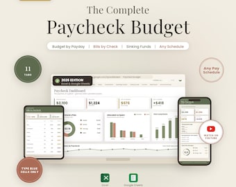Paycheck Budget Spreadsheet | Budget by Paycheck Planner for Excel and Google Sheets | Biweekly Bills, Sinking Funds and Savings